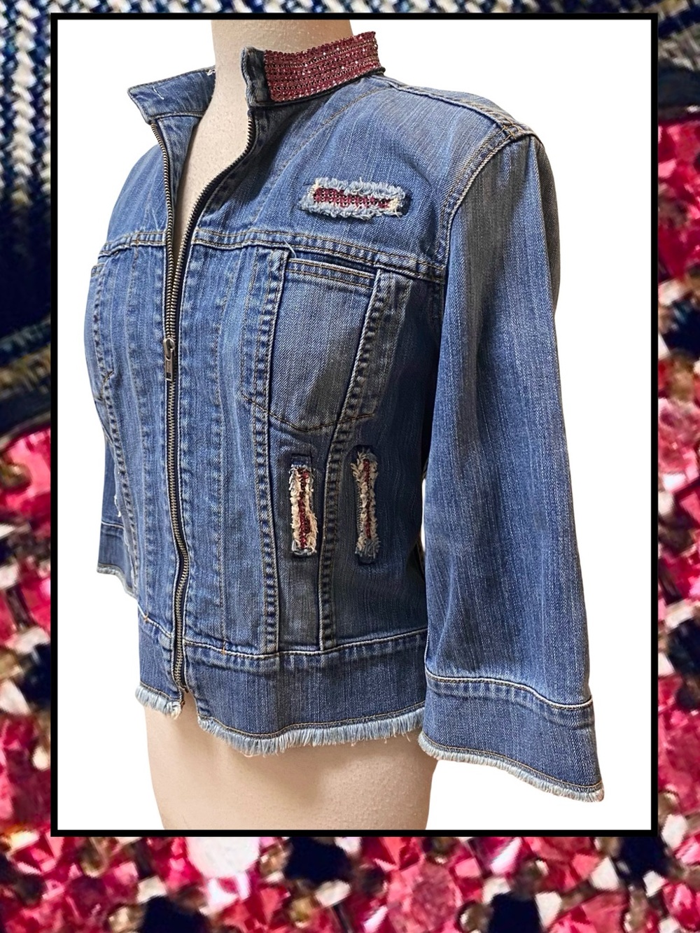 ALLEN B. by Allen Schwartz Blue Denim Pink Rhinestone Trim Zipper Front L NEW Y2
